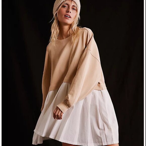 FREE PEOPLE Eleanor Slouchy Neutral Semolina Combo Sweatshirt Dress Size L NWT - Picture 2 of 9